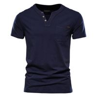 T-Shirt Homme Manches Courtes Avec Poche Tee Shirt En Coton Col V Couleur Unie Tissu Confortable - Bleu Marine