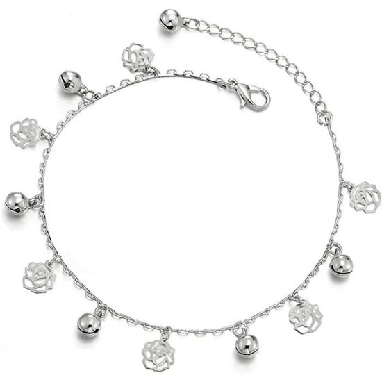 Bracelet De Cheville Femme Acier Or – Chaîne Réglable 21-24,5 Cm, Charmes Feuilles Et Grelot