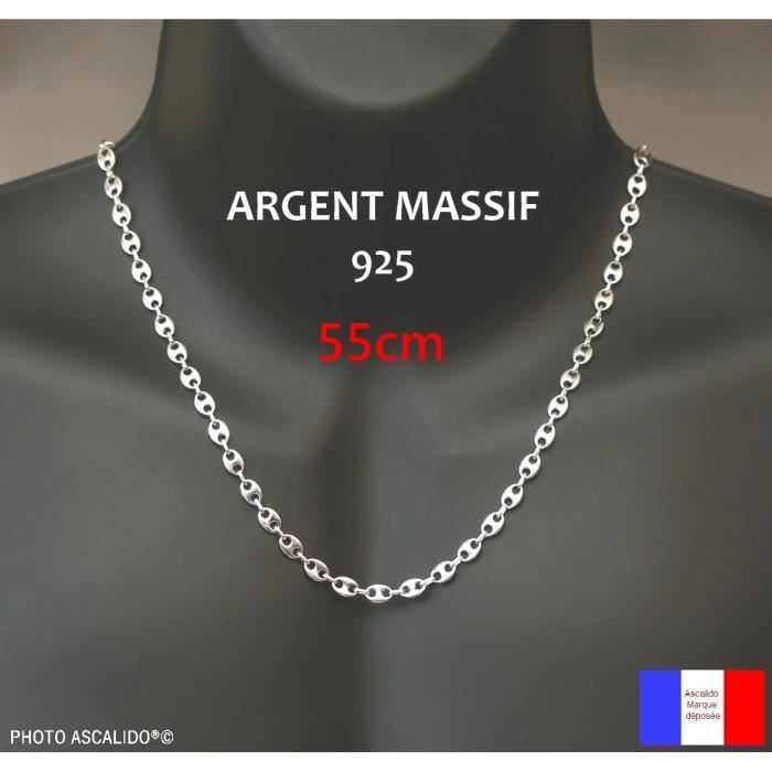 chaine grain de café 55cm x 6mm de large. Collier pour homme en Argent Massif 925 véritable avec Poinçon et écrin
