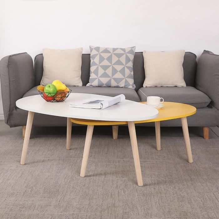 Lot de 2 Table Basse Gigognes Design Scandinave OVALE pour Salon, Bureau Blanc et Jaune