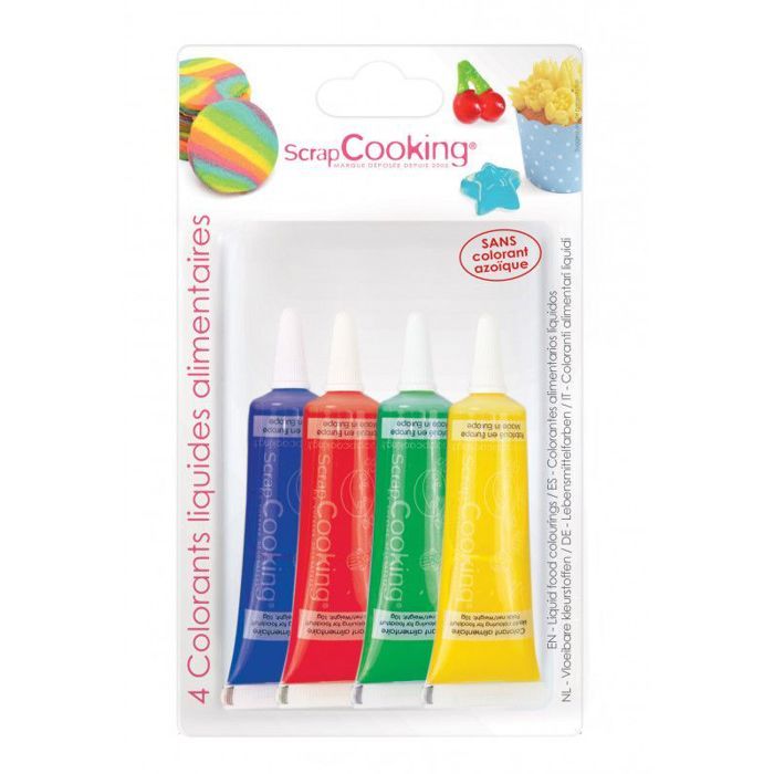 Lot de 4 colorants alimentaires liquides vert-jaune-rouge-bleu pour colorer dans la masse votre pâte à sucre, la crème au beurre et