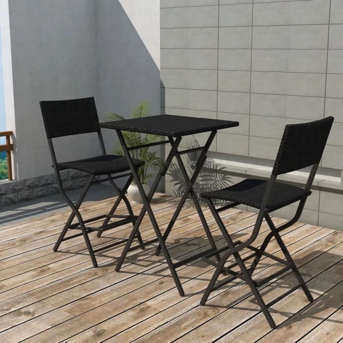 Set bistrot pliable 3 pcs Ensemble repas de jardin Ensemble Table et Chaises Acier Résine tressée Noir