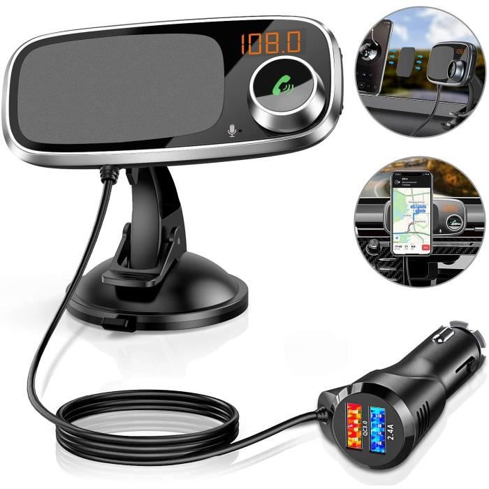 Transmetteur FM Bluetooth avec Support Téléphone, Adaptateur Radio FM Émetteur Kit Main Libre QC3.0 USB Chargeur Rapid Voiture