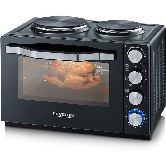 SEVERIN Mini-Four à Chaleur Tournante 30 L avec plaques de cuisson (Ø 15,5cm et 18,5cm), Inclus : Tournebroche, Minuteur 120 min, 2