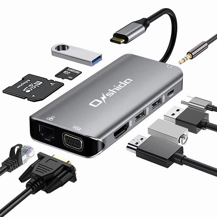Hub USB C 10 en 1 Adaptateur Type C Onshida vers HDMI 4K, Ethernet RJ45, VGA, PD 100W,3*USB 3.0, Lecteur de Carte SD/TF pour MacBook