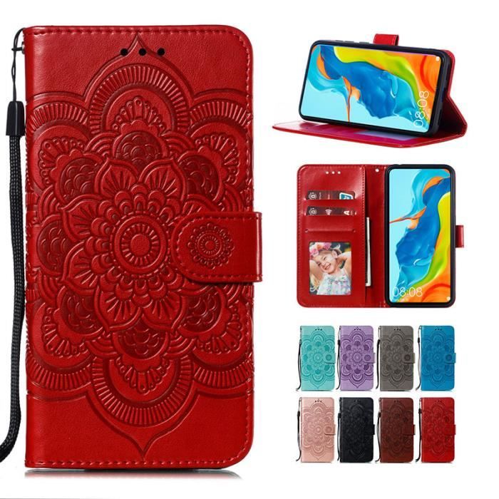 Housse Samsung Galaxy A40S, Étui à Rabat Portefeuille en Cuir Motif Mandala Fleur Protection Support Antichoc, Rouge
