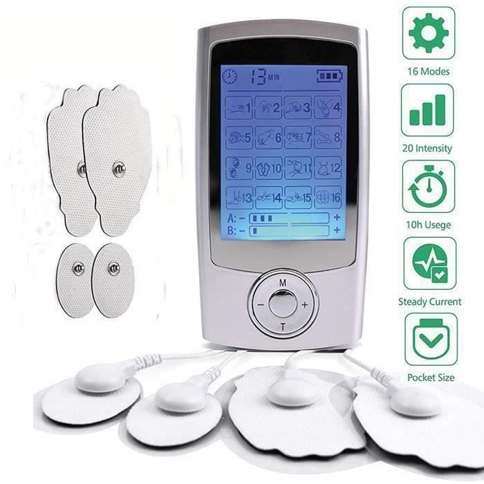 Électrostimulateur Tens Rechargeable Antidouleur Stimulateur Musculaire avec 16 Modes, 4 Électrodes pour Massage Tension Musculaire