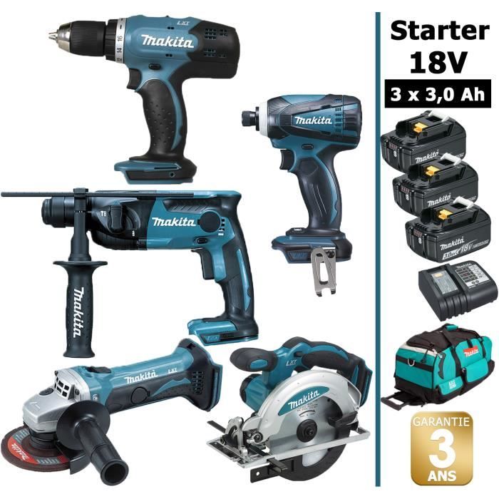 Pack de machines outil - Makita - 5 outils 18V comprenant: Perceuse 42Nm DDF453 + Perforateur 1,3J DHR165 + Meuleuse DGA452 + V#61