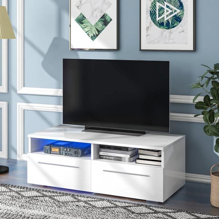 Meuble TV blanc moderne avec lumières LED 16 couleurs, 2 tirroirs, 120 x 40 x 55 cm, Mat blanc