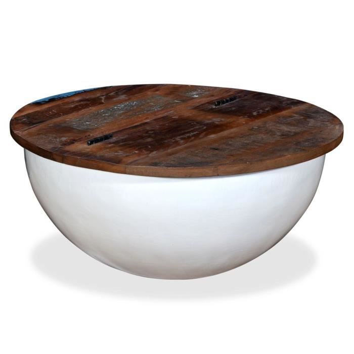 Table basse design scandinave salon contemporain Bois de récupération massif Blanc Forme de bol