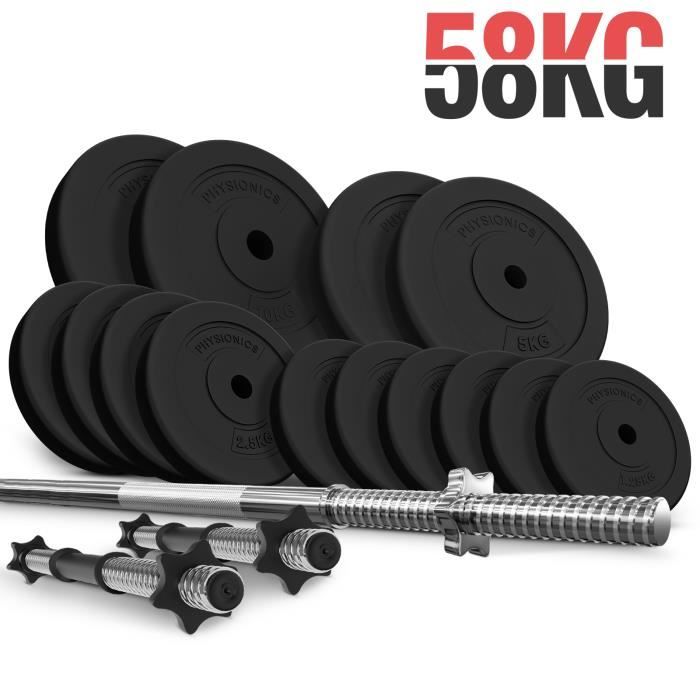 Physionics® Set de Barres d'Haltère avec Disques de Poids - Set 58 kg, Barre Longue 165cm, 2 Barres Courtes, Disques - Gym, Fitness