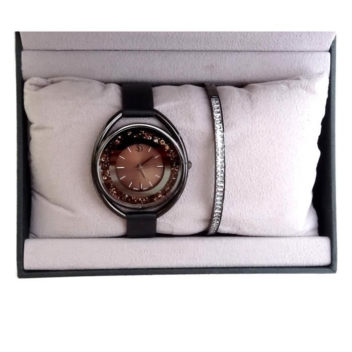 COFFRET Idée Cadeau Femme Montre + Bracelet Noir Strass Luxe Tendance Box Bijoux