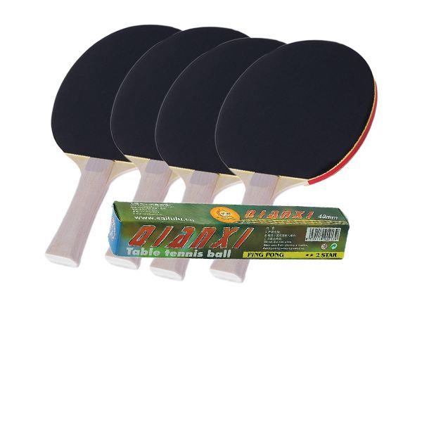 Lot de 4 raquettes noires et 6 balles de ping pong
