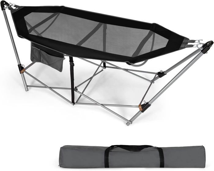 GOPLUS Hamac Pliable Portable avec Poche Latérale-Charge 150KG-Lit de Camping avec Support en Métal-avec Sac de Transport Noir