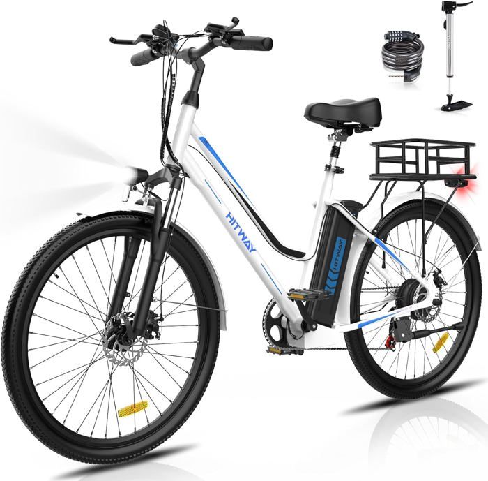 Vélo électrique HITWAY 26” VAE - 7 Vitesses - Batterie amovible 36V 12AH - Blanc + HITWAY panier arrière