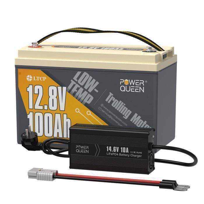 12V100Ah Batterie au Lithium LiFePO4 1280Wh BMS 100A pour les moteurs + 12V10AChargeur au Lithium LiFePO4 Power Queen