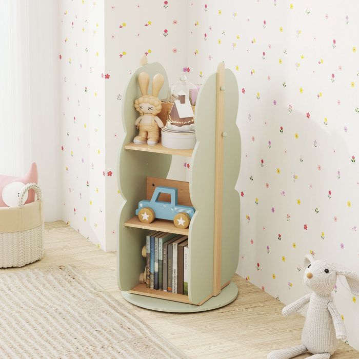 DREAMADE Bibliothèque Rotative pour Enfants Étagère à Jouets en Bois 3 Niveaux avec Compartiments Coins Arrondis Vert