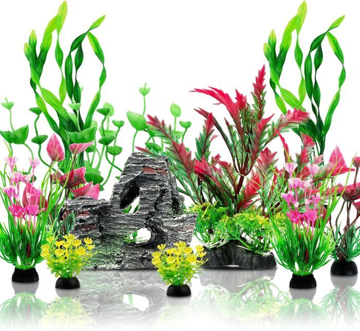 Comparer les prix de Decoration Aquarium - 12 Pièces Plantes Artificielle Aquarium Deco et Rocher Polyrésine Grotte Ornement - Accessoires Aquarium