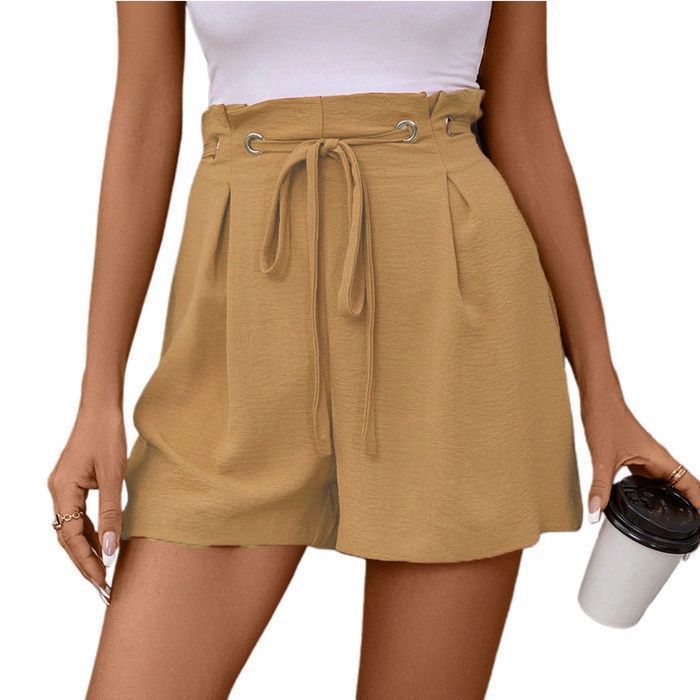 Short Femme,Short Femme d'été Chic Large Fluide Taille élastique,Short  Sport Femme Taille Haute Couleur Unie de Base-Kaki