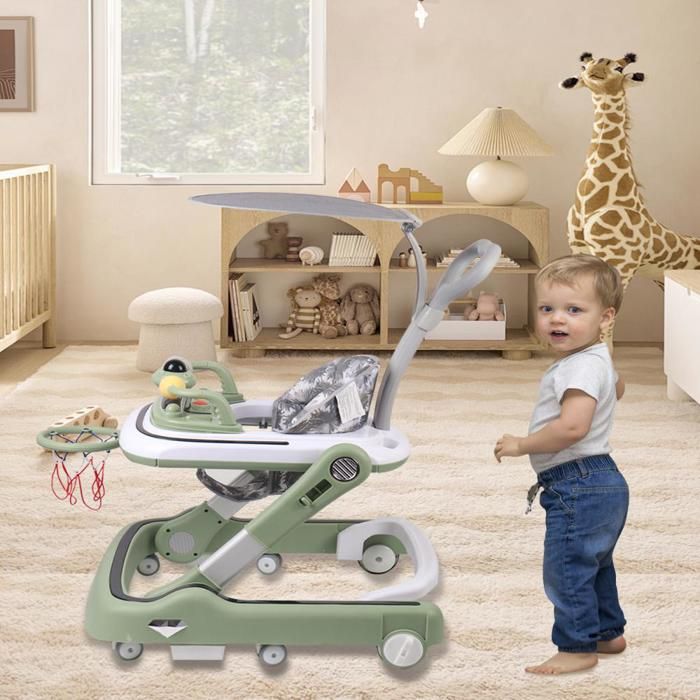 YIPEEMA. Trotteur Pliable Pour Bébé Trotteur 2 En 1 Avec Panier De Basket Et Pare-Soleil Vert 65*58*90cm.