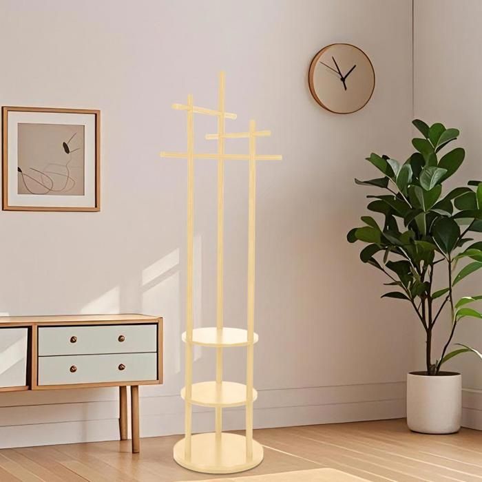 YIPEEMA. PORTE-MANTEAU ROTATIF EN BOIS PORTE-MANTEAU SUR PIED 3 ÉTAGÈRES COLORIS BOIS NATUREL 40 X 40 X 171 CM.