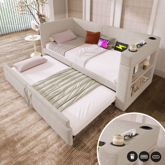 Lit enfant Banquette-lit 90x200cm canapé-lit gigogne USB/Type-C accoudoirs avec porte-gobelet tissu lin beige sans matelas Lit enfant Banquette-lit 90x200cm canapé-lit gigogne USB/Type-C accoudoirs avec porte-gobelet tissu lin beige sans matelas