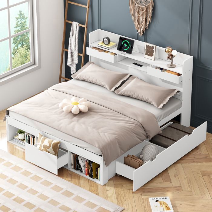 Lit Double - MERAX - 140x200cm - USB - Tiroirs Intégrés - en Bois Blanc Élégant Lit Double - MERAX - 140x200cm - USB - Tiroirs Intégrés - en Bois Blanc Élégant