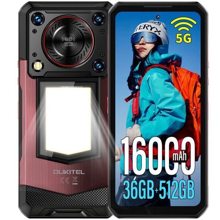 OUKITEL WP56 5G Telephone Portable Incassable 36GO+512GO 16000mAh 6.8"" NFC/Dual SIM Rouge