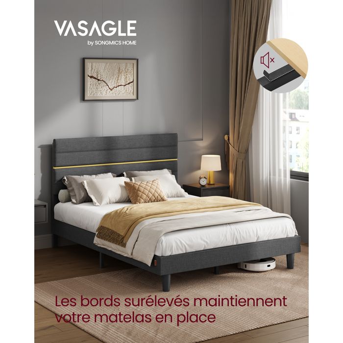 Structure de Lit Double Convient pour Un Matelas de 140 x 200 cm Tête de Lit Rembourrée Ajustable Bois Massif Gris
