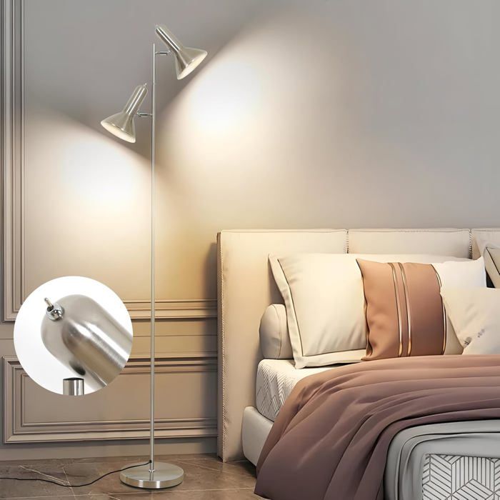 Amdelne Lampadaire sur Pied Vintage Nickel-Métal 262cm 2x E27 60W Max Lampe de Lecture Pour Salon/Chambre/Bureau Sans Ampoule