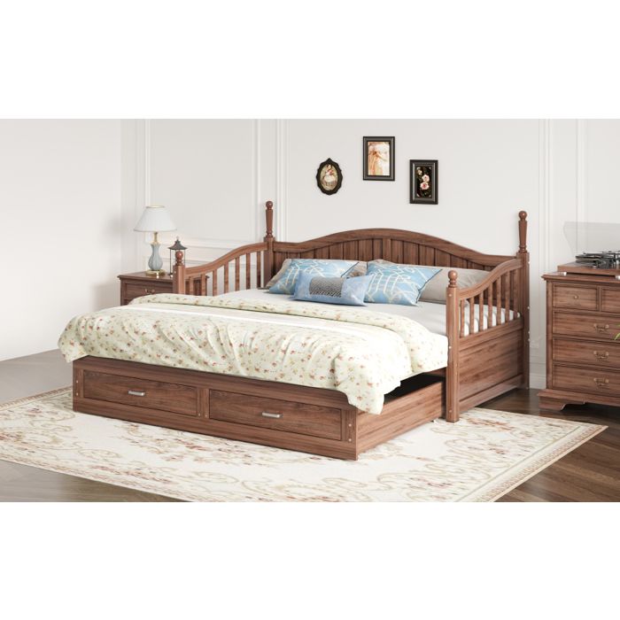Canapé lit 90x190 cm EVRYAE - avec lit gigogne extensible et 2 tiroirs de rangement sommier à lattes inclus - Noyer naturel