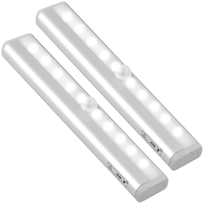 Lot de 2 lampes LED pour placard avec détecteur de mouvement et bande magnétique veilleuse à 10 LED fonctionnant sur piles