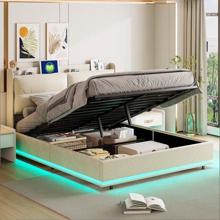 litcoffre 160 200 coffre lit 160 x 200 avec sommier lit adulte lit double lumière LED réglable et chargement USB velours beige