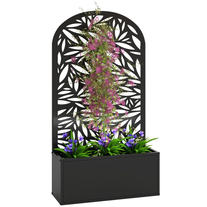Jardinière avec treillis - Outsunny - brise-vue découpé en feuilles - à fixer au mur ou au sol - cadre en métal - 61x23x113cm - noir
