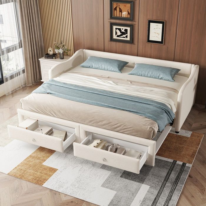 Lit de jour avec lit gigogne canapé-lit avec deux tiroirs lit simple (sans matelas) linge style minimalistebeige90x200cm