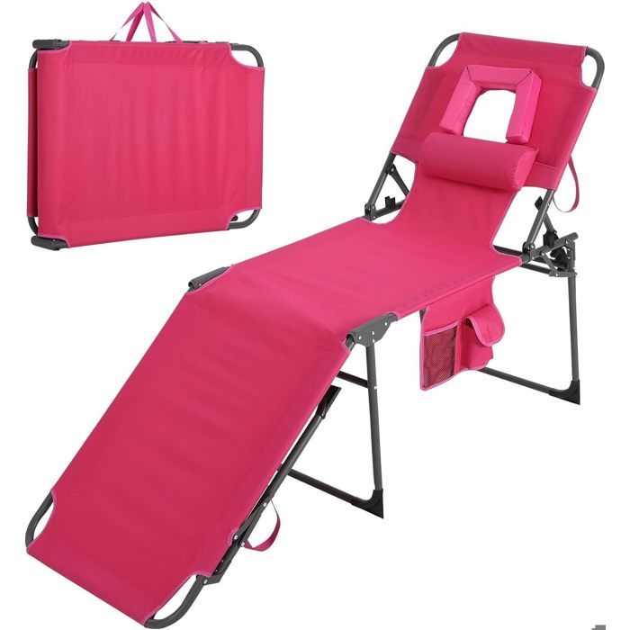 200cm Chaise Longue transat bain de soleil avec Dossier Réglable en 5 Positions fauteuil relax Transat De Plage Imperméable rose