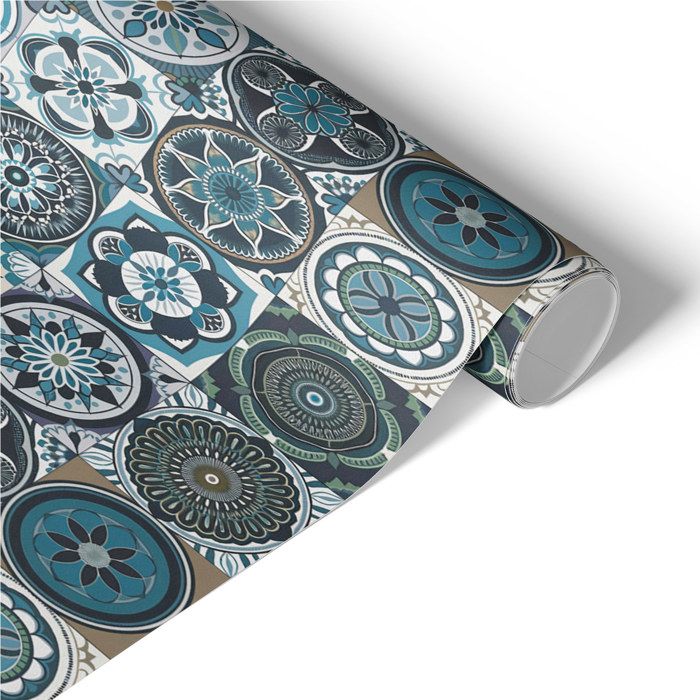 Papier adhésif Mandalas bleus 65x130 Film meuble ethnique vinyle décoratif décoration bohème zen rouleau autocollant pour armoire