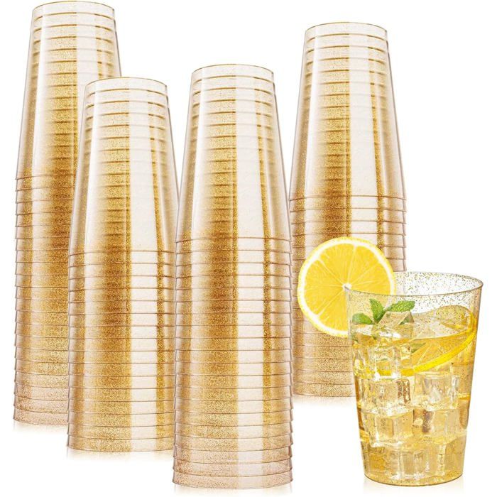 Lot de 50 Gobelets Bordure dorée Plastique rigide 280 ml Réutilisables Fête Mariage .