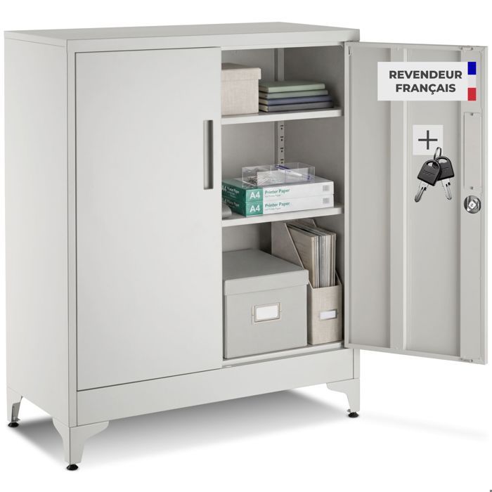 Armoire à dossiers - TECTAKE - Meuble de classement BLAKE avec fermeture magnétique 2 tablettes réglables 80 x 40 x 100 cm - Gris