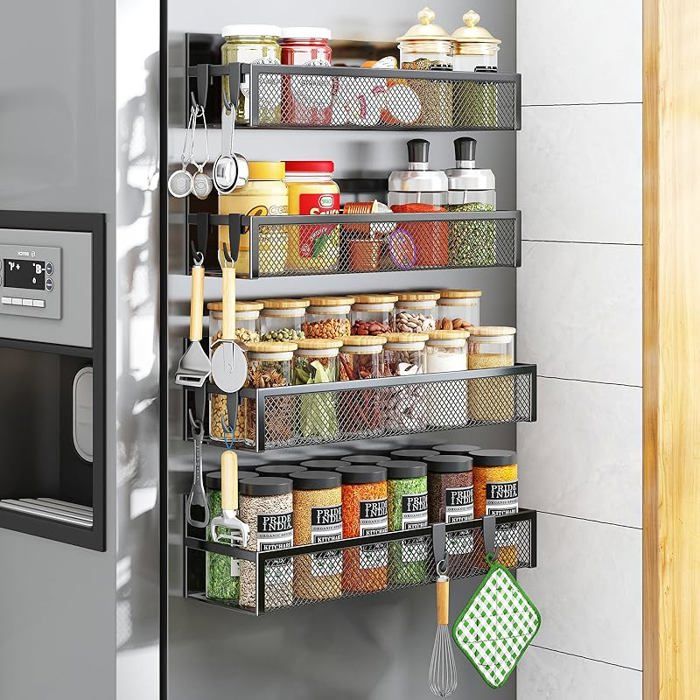 Porte-épices magnétique pour réfrigérateur - Lot de 4 étagères magnétiques organisateur frigo avec 8 crochets 4 PA MEUBLE A EPICES
