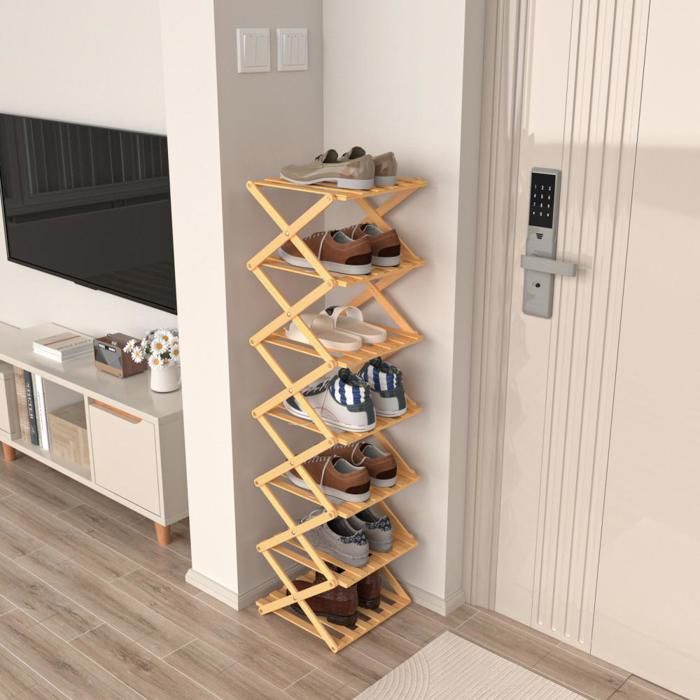 LVHCMFOHM Étagère à Chaussures en Bambou - Porte-Chaussures Pliable - 7 Niveaux - 25x25x125cm - Couleur bois