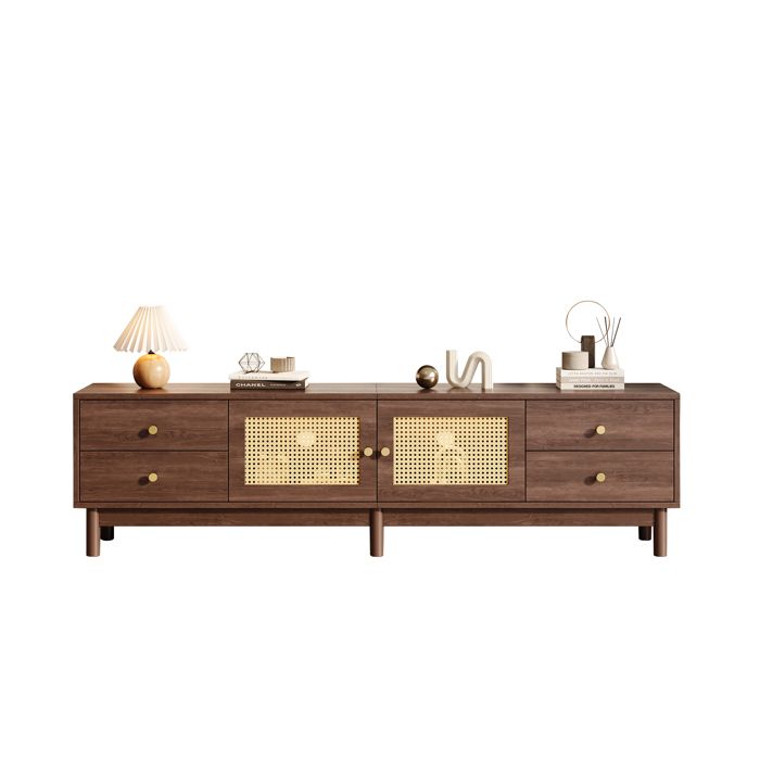 Meuble TV - HIBA - 180 cm - Bois foncé - 2 portes rotin - 4 tiroirs