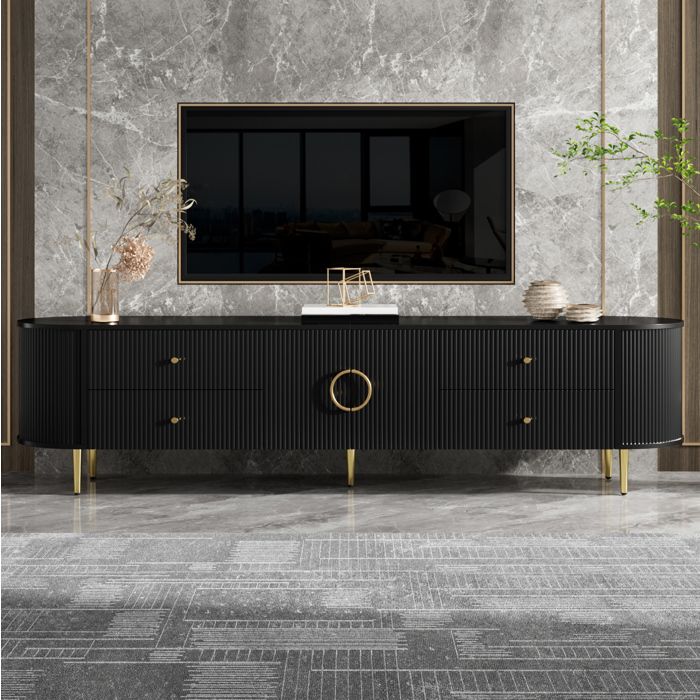 meuble TV lowboard avec 4 tiroirs et 2 portes façades ondulées 3D MDF noir passe-câbles 180 cm ORVRYN