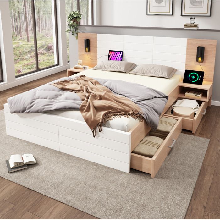 Lit Double 140 x 200 cm Bois Massif MDF Avec 2 Tiroirs 2 Tables De Chevet Tête De Lit Liseuse USB Blanc Chêne Clair Sommier À Lattes