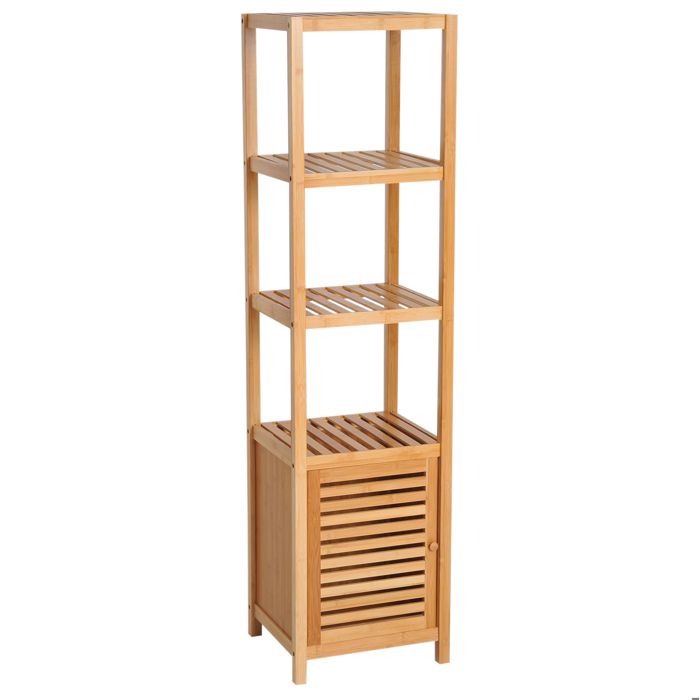 WOVREO Colonne de salle de bain en bambou naturel 36 x 33 x 140 cm avec 3 étagères ouvertes et placard bas