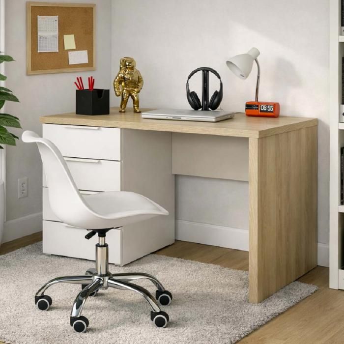 Bureau 4 Tiroirs Seldir L110xP40 H75 cm Gris Cachemire et Chêne