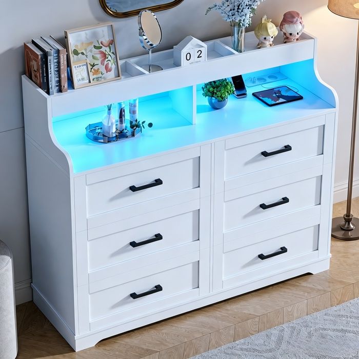 Commode 6 tiroirs blanc avec bande lumineuse RGB meuble de rangement 3 compartiments ouvertsprises USB pour chambre salon