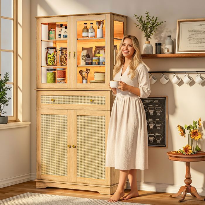 Buffet de CuisineAvec 5 Niveaux1 tiroirBois et VerreConception anti-basculement180x75x40cmPour CuisineSalle à mangerNaturel