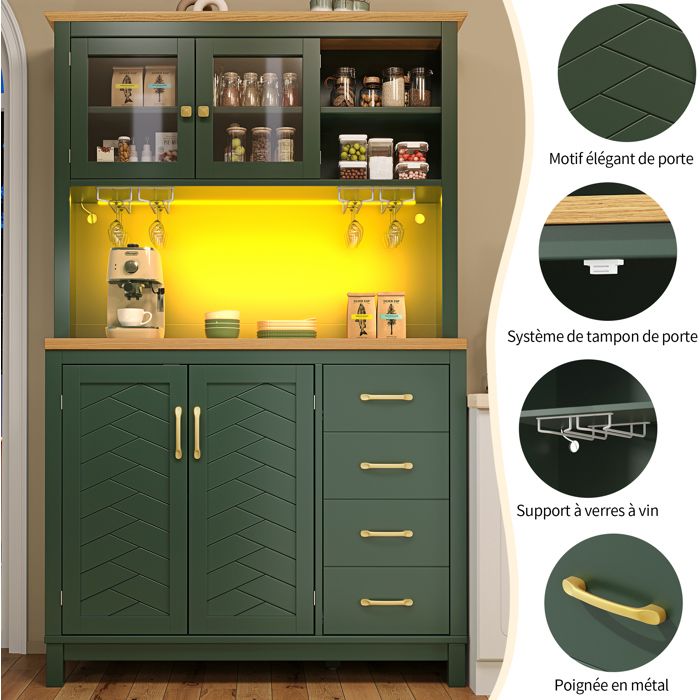 WOVREO Buffet haut 1055 x 40 x 180 cm 4 portes 4 tiroirs LED réglable support à verres MDF vert
