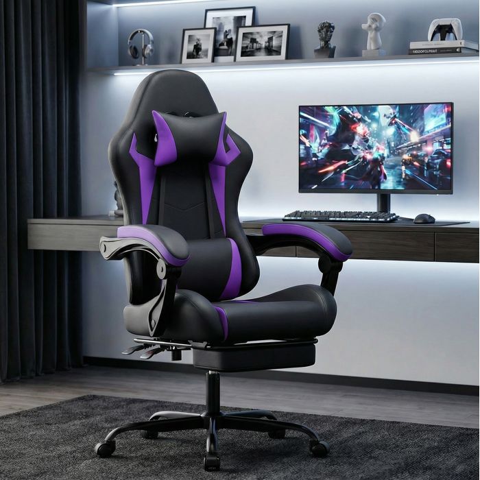 Chaise de Bureau Gamer Ergonomique avec Hauteur Réglable - HAVRYA - Dossier Inclinable PVC - Noir et Violet